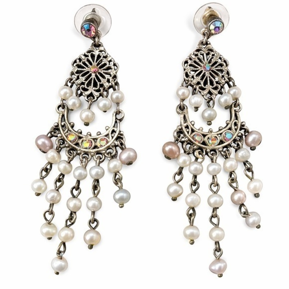 Vintage Silver Tone Chandelier Earrings w/ Pearls & Aurora Borealis Rhinestones